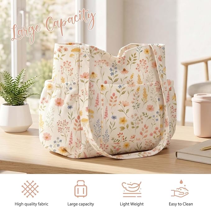 Corduroy Tote Bag for Women,Large Capacity Cute Tote Bags With 6 Pockets,Crossbody Shoulder Handbag for Work Travel Gym - Image 8