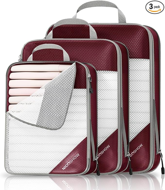 3 Set Compression Packing Cubes for Travel - Compressible, Lightweight, and Space-Saving Packing Cubes, Travel Essentials for Women, Wine by NICOSHOW