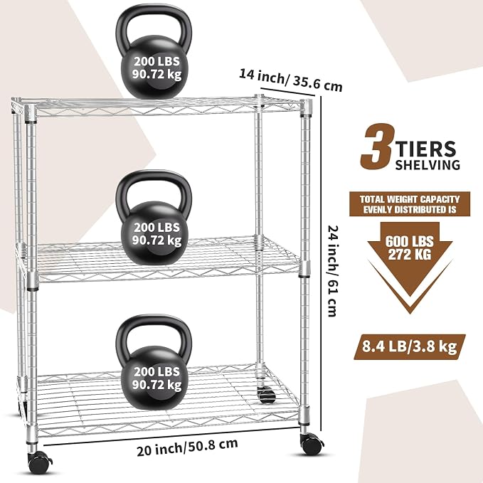 Whitmor 3 Tier Storage Shelving, Heavy Duty with Wheels, Adjustable Steel Organizer, 400 lbs Capacity per Shelf, Max 1200 lbs Total for Garage, Kitchen, Bathroom, 20" L x 14" W x 24" H, Chrome - Image 2