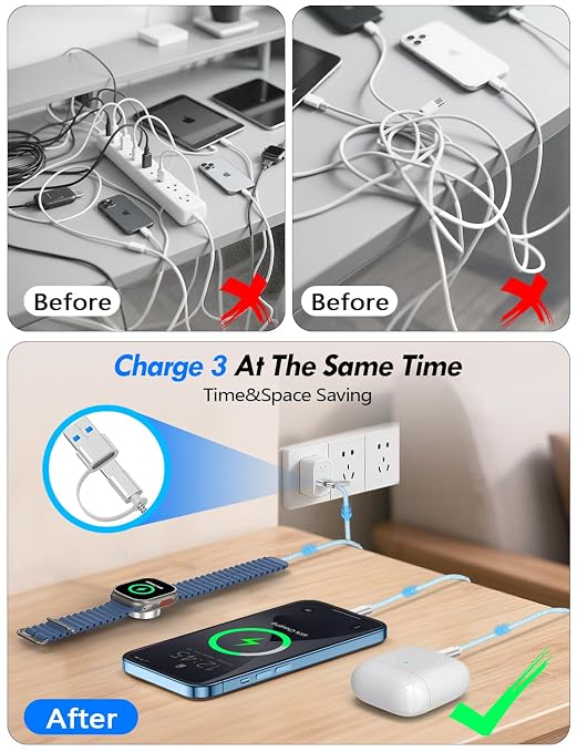 2Pack Travel Essentials for Apple Watch Charger,3-in-2 Multi Charging Cable | Cruise Vacation Camping Essentials for iPhone Charger,Type C/Lightning for iWatch,iPhone 17-12,Xbox Series X&S-4FT Blue - Image 4