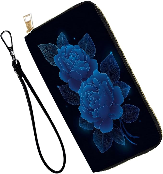 Women's RFID Blocking PU Leather Zip-Around Wallet, Large Capacity Clutch with Phone Holder, Travel Purse & Card Organizer with Removable Wristlet,Blue Rose by Unknown