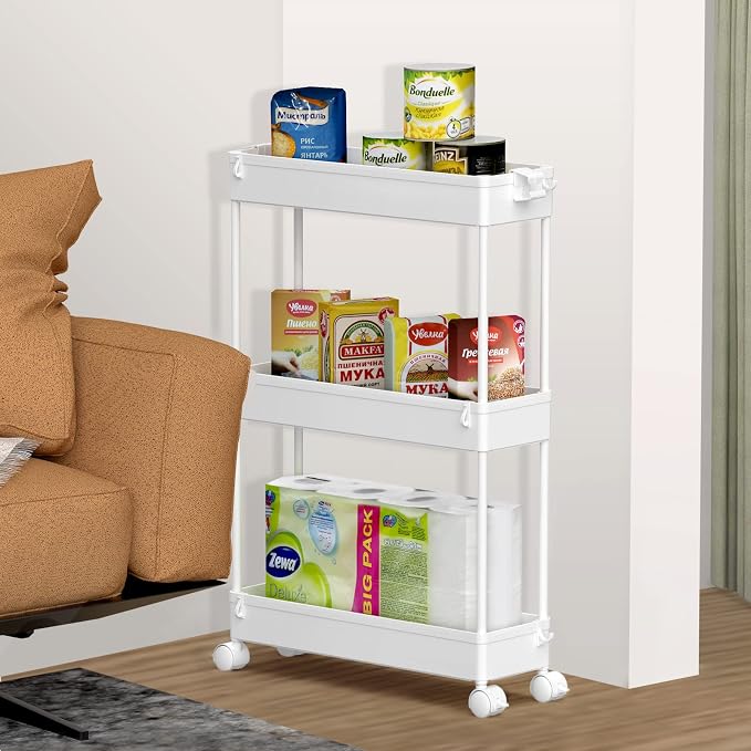 Slim Storage Cart 3 Tier,Bathroom Organizer Rolling Utility, Mobile Shelving Unit Slide Out for Office, Kitchen, Laundry Room & Narrow Places,White - Image 7