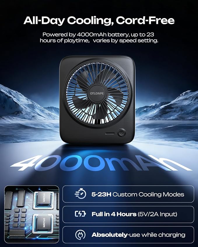Otlonpe Personal Portable Desk Fan 2 Pack, 4000mAh Small Rechargeable Portable Fan Battery Operated & USB Powered for Travel Sleeping Bedroom Office Home Table, Cordless, Quiet, 4-Speed, 6.5 Inch - Image 4
