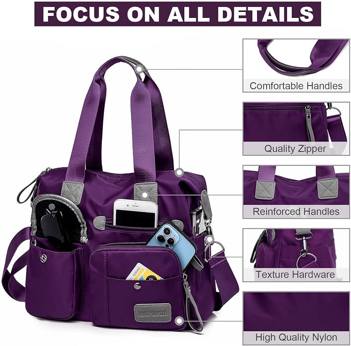 Tote Bag for Women,Multi Pockets Shoulder Handbag,Nurse Bag for Work,Large Cross body Purse,Fashion Nylon Top Handle Satchel - Image 5