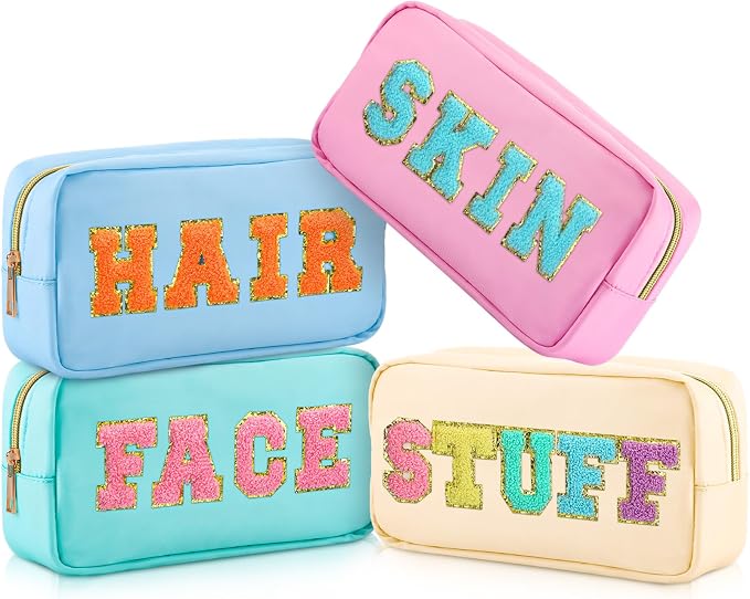 Preppy Makeup Bags Chenille Letter Stuff Bag Nylon Cosmetic Pouch Cases with Zipper for Women Travel Toiletry(Light Color,Vivid,4 Pcs) by Cunno