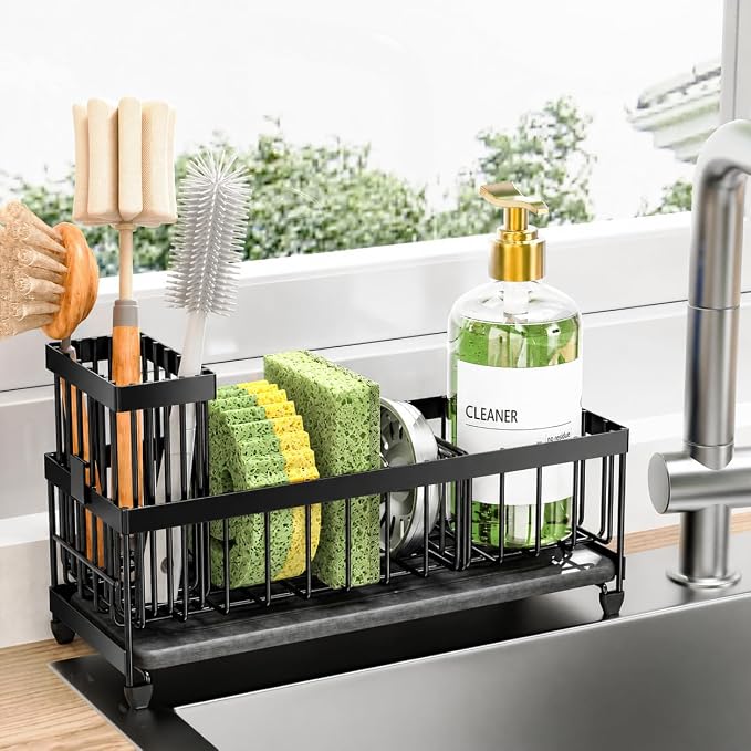 Cisily Sponge Holder for Kitchen Sink, Sink Caddy Organizer with High Brush Holder, Kitchen Countertop Organizers and Storage Essentials (Black Shelf with Stone Tray, Small) by CISILYHOMELIFE
