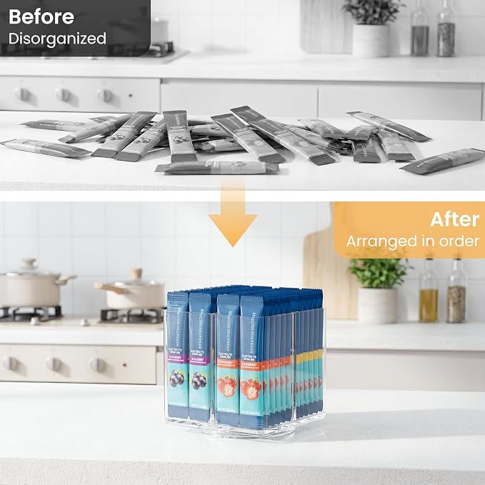 360° Rotating Acrylic Drink Packet Organizer, 4 Slot Water Flavor Packets Holder, Lazy Susan Water Packet Organizer for Drink Mix,Instant Coffee,Tea Sugar Packets Storage for Cabinet Kitchen Pantry - Image 4