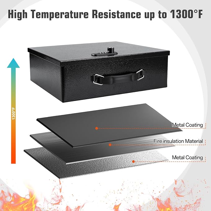 Fireproof Safe Lock Box Metal, Fire Proof Safe for Home Documents, Portable Security Box with Dual Combination and Key Lock for Personal Items,Passport, Money, X Large 13.2" x 11" x 4.13" - Image 3