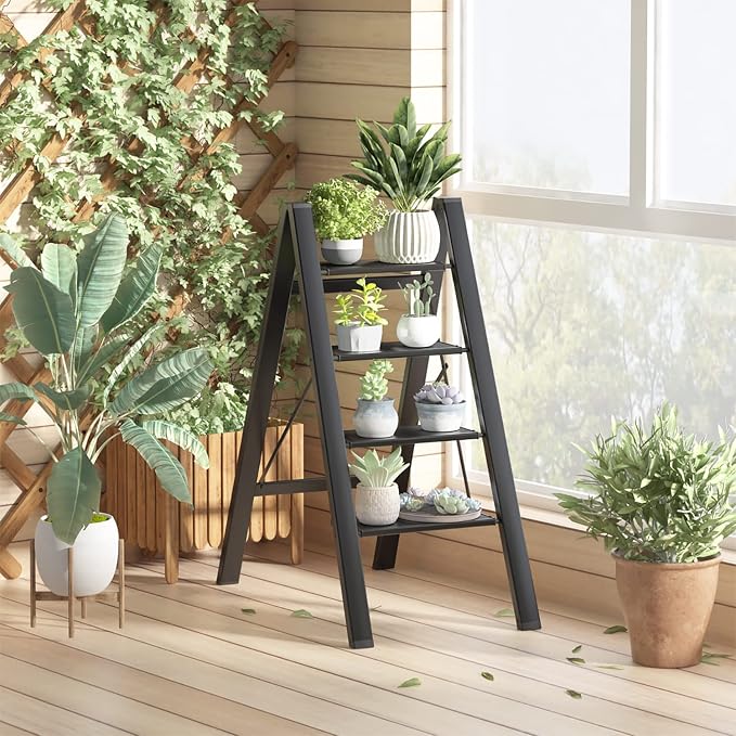 4 Step Ladder, Folding Step Stool with Anti-Slip Wide Pedal | Lightweight, Aluminum Material, 330LBS Load, Portable, Easy Storage, Space Saving, for Kitchen, Bedroom Use, Black - Image 7