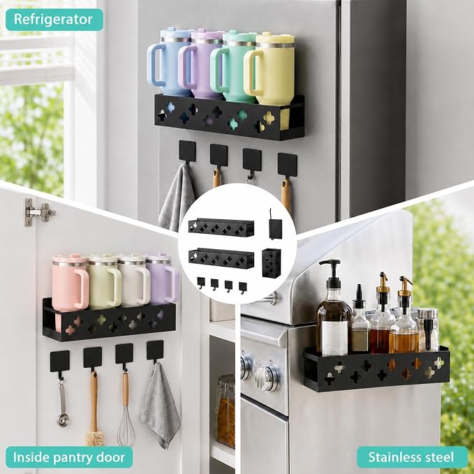 Magnetic Water Bottle Organizer for Fridge, Magnetic Cup Holder for 30 40 Oz with Tumbler Lid & Straw Organizer & Magnet Hooks, 8 Tumblers Kitchen Storage Rack for Cup Accessories, Space-Saving - Image 4