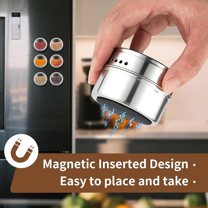 12pcs Stainless Steel Spice Jars, Magnetic Condiment Tins Magnetic Spice Jar With Clear Lid And Holes Sift&Pour - Easy To Clean - Image 2