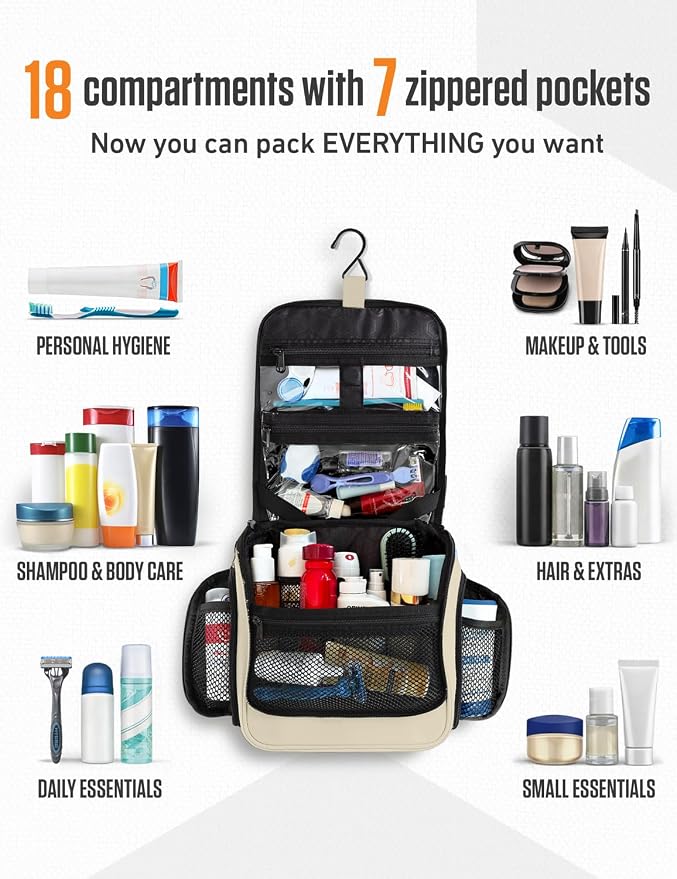 VENTURE 4TH Hanging Travel Toiletry Bag, 18 Compartments - Beige | Hangs on rails, hooks or doors; stands upright. Removable TSA pouch. Water-resistant Nylon 290D Twill, reinforced stitching. - Image 3