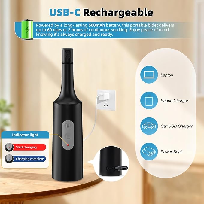 Hibbent Portable Bidet for Travel, High Pressure Electric Handheld Bidet Sprayer, 350-550ML Expandable Bottle for Personal Hygiene, USB-C Rechargeable Waterproof, Travel Sprayer for Women & Men, Black - Image 7