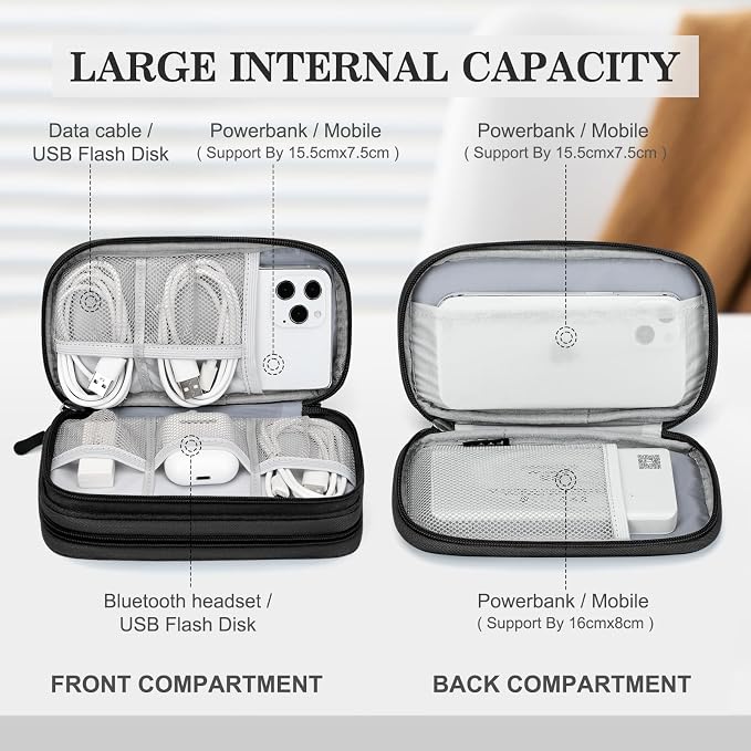 FYY Electronic Organizer, Travel Tech Pouch Bag, Cable Organizer Black | Wrist Strap, Waterproof, Double Layers Portable Electronics Travel Carrying Case for Cord, Charger, Daily Business Trips Use - Image 3