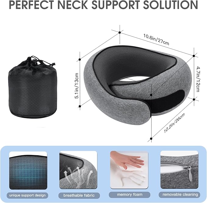 Neck Travel Pillows for Airplanes Memory Foam Neck Comfort Pillow Compact Ergonomic Design Sleeping Essentials for Long Flights Car Rides and Home Use (Grey) - Image 2