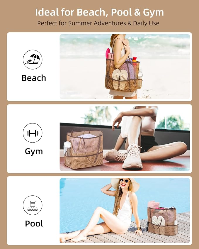 Mesh Beach Tote Bag for Women, 2-in-1 Large Lightweight Foldable Design | Packable into Matching Makeup Pouch | Multiple Pockets | Quick-Dry Sandproof Mesh | Beach, Pool, Travel, Shopping & Gym - Image 7