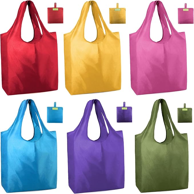BeeGreen Colorful Reusable Shopping Bags Cute Grocery Bag 6 Pack, Christmas Gift Bags Heavy-Duty Foldable Shopping Totes for Supermarket, Work & Travel, Large Washable Polyester Tote Bag with Handles by BeeGreen