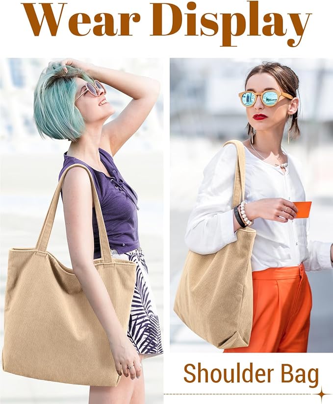 Iioscre Corduroy Tote Bag for Women,Hobo HandBags with Zipper | Large Capacity Casual Shoulder Bag with Inner Pockets for Shopping Work Daily Travel. - Image 5