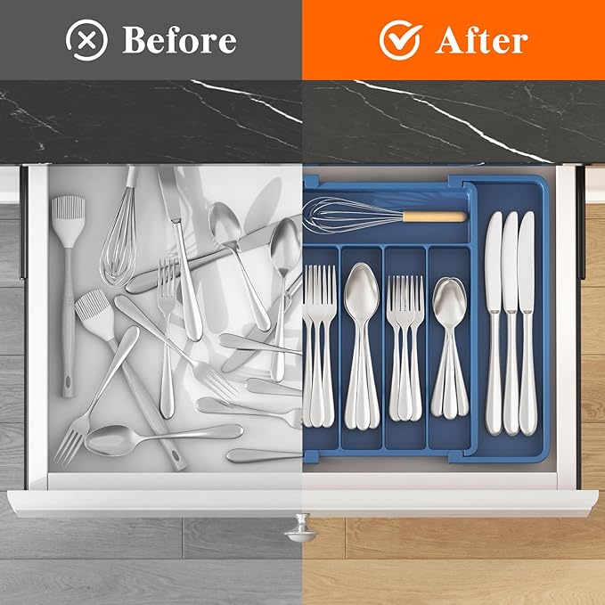 Lifewit Expandable Silverware Drawer Organizer, Kitchen Utensil Tray | BPA-free Plastic Flatware Cutlery Holder, Space-Saving Storage for Spoons Forks Knives, 8.5-14 x 12 x 1.5“, Dark Blue - Image 4