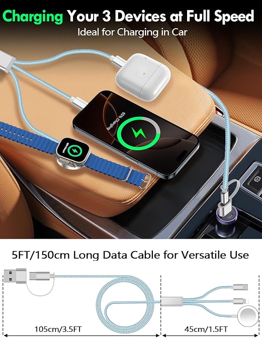 Travel Essentials for Apple Watch Charger,iPhone Charger,3 in 2 Type C/Lightning/Magnetic Travel Charging Cable,Portable Multi Charging Cable for Apple Watch, iPhone 17‑11,Samsung S26,Car,iPad-5FT - Image 7