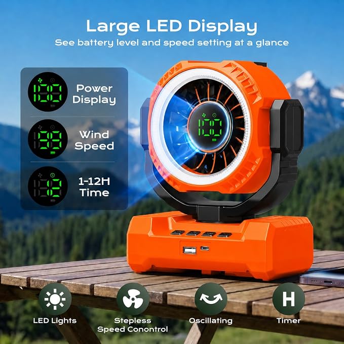 Portable Camping Fan 3-in-1, 20000mAh Rechargeable Fan with 1-100 Speeds | Auto-Oscillating Cordless Battery Powered Fan with 12H Timer, LED Lantern, Display, Gift for Men Women, Travel, Jobsite, Tent - Image 6