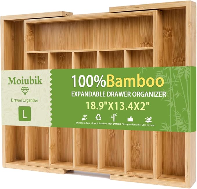 Bamboo Expandable Silverware Drawer Organizer, Adjustable Utensil Tray Cutlery Holder for Kitchen Drawer, Flatware Storage Organizer for Spoons, Forks and Knives, Natural (8 Slot,) by Moiubik