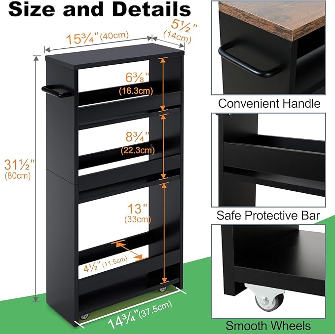 MARTY Slim Rolling Storage Cart, Wood Utility Kitchen Bathroom Laundry Cart | 4 Tier Kitchen Cart with Wheels Handle, Laundry Room Organization, Narrow Bathroom Storage Cabinet, 5.5" Wide Storage Trolley - Image 6