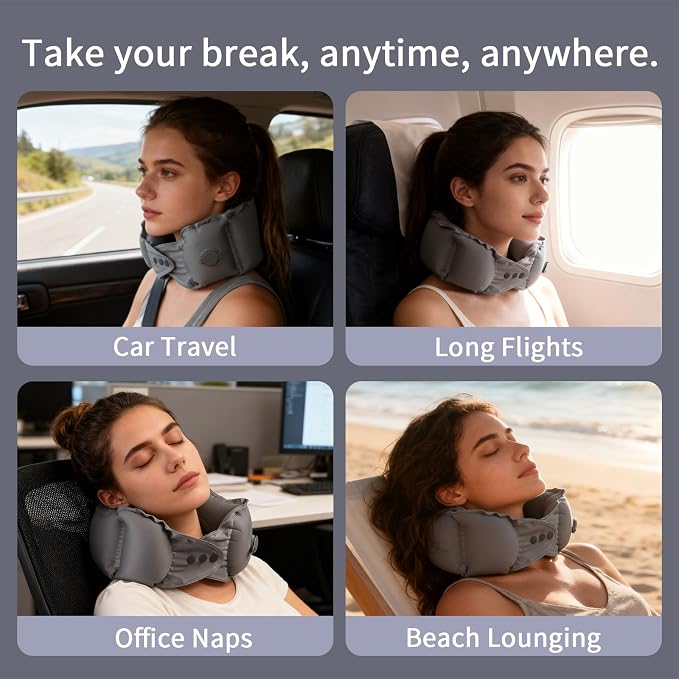 Inflatable Travel Neck Pillow Built-in Pump & Cute Storage Bag | Adjustable Cervical Support Travel Pillow For Airplane, Train, Office, And Long Trips. Hygienic Fabric (Red) - Image 2
