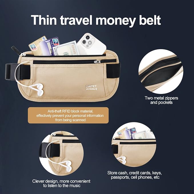 RFID Blocking Money Belt for Men Women, Slim Fanny Pack For Travel，Running,Conceal Waist Wallet For Passport Holder,Phone,Cash(Black Beige), Black Beige - Image 2