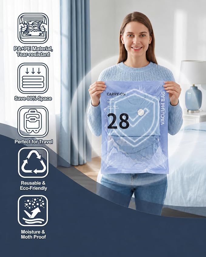 Vacuum Bags for Travel with Electric Pump,16 Pack Space Saver Clothes | 3 Sizes Portable Compression Seal for Travel, Moving & Seasonal Storage, Carry-On Bags for Luggage, Reusable, Leak-Proof - Image 6