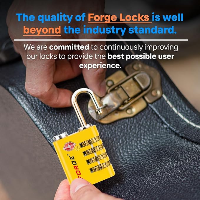 Forge Dual-Opening: Key or Combination Access Lock, TSA Approved Locks for Luggage, Pelican case, Travel, Gym, School, Stainless Steel Shackle.(Yellow, 4 Pk) - Image 7