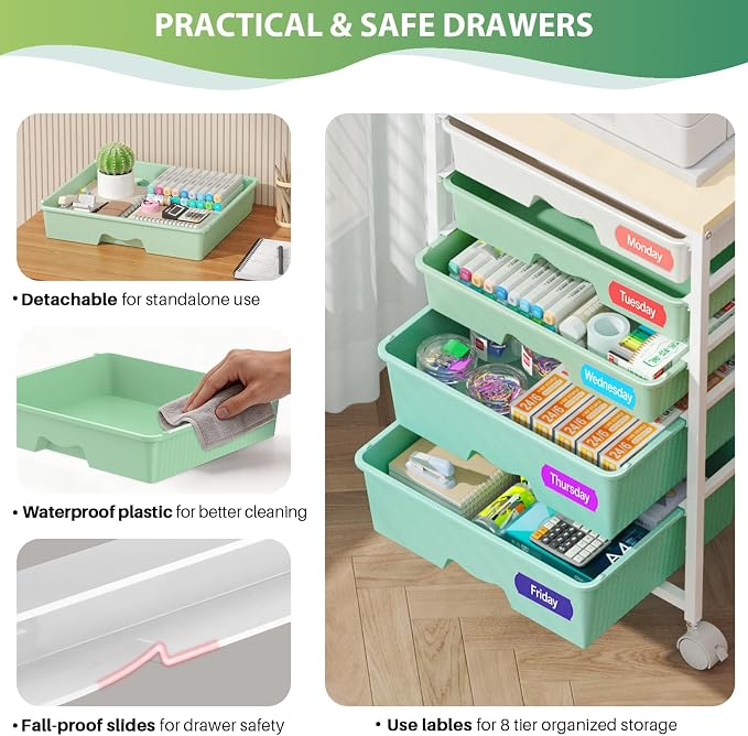 Goovilla Rolling Cart with 5 Drawers for Craft, Art, Dorm, Office, Green | Utility Cart Organizer With 5 Removable Drawers and Wooden Tabletop, Lockable Rolling Storage Organizer for Classroom, Home - Image 3