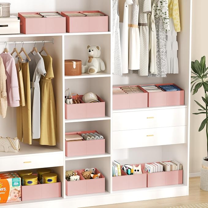 DIMJ Large Closet Shelf Organizer Bins 8 Packs with Handles and Divider, Fabric Trapezoid Storage Baskets, Foldable Clothes Containers Box for Shelf, Towel, Book, Toy, Purse, Hats, Pink - Image 5