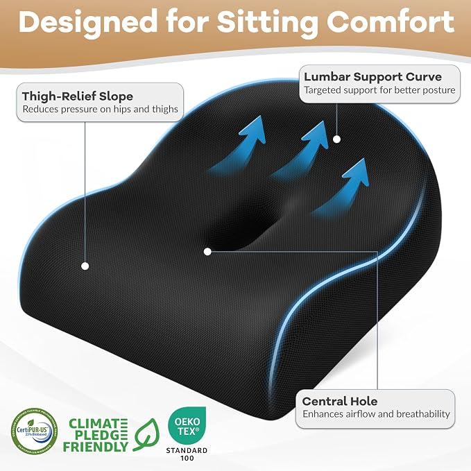 Ergonomic Memory Foam Seat Cushion for Office Chair, Black | Wheelchair Cushions for Tailbone, Hip, Sciatica Support, Soft & Breathable, Chair Pad for Long Sitting, Driving - Image 2