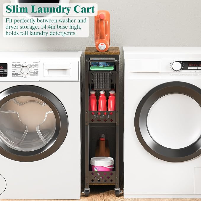 XYZLVSI Slim Storage Cart, 4 Tier Laundry Room Organizer for Small Space | Narrow shelf 14.4" bottom shelf, wire basket, hooks, ideal for kitchen/bathroom/office/dorm, between washer and dryer storage - Image 6