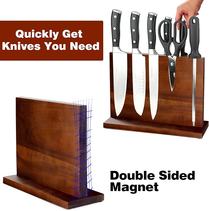 Magnetic Knife Block Double Sided Magnetic Knife Holder Rack with Strong Enhanced Magnets Acacia Wood Magnetic Knife Storage Stand-Dark Brown - Image 5