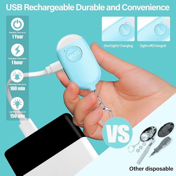 Hion Personal Safety Alarm for Women, 2 Pack Rechargeable 130dB Self Defense Alarm Keychain with LED Flashlight, Emergency Safe Sound Security for Children Elderly, Black+Blue - Image 5