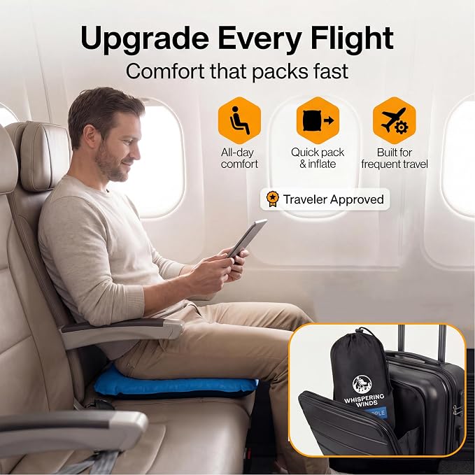 Whispering Winds Inflatable Seat Cushion | Comfortable & Packable Blow-up Foam Pad for Airplane Travel, Stadium Outdoors, Camping, Car & More - Image 2