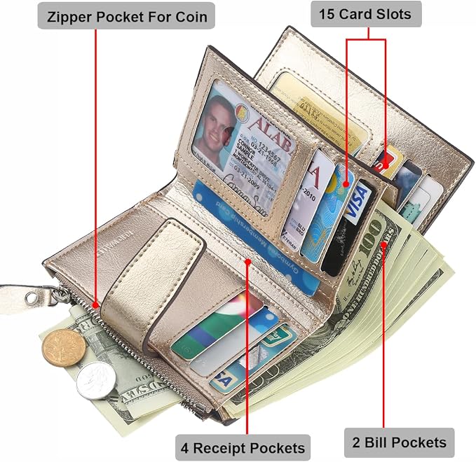 Small Compact Women Wallet RFID Blocking Genuine Leather Bifold Purse with ID Windows - Image 4