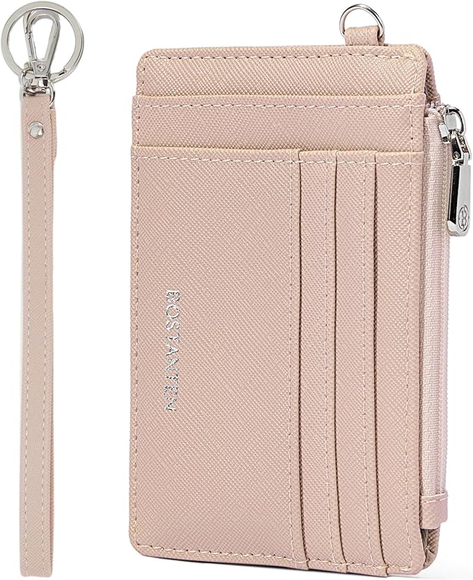 BOSTANTEN Credit Card Holder RFID Small Wallet for Women with Keychain | Slim, Wristlet, Zipper Coin Pocket, Pocket-Friendly, Vegan Leather, Minimalist, Gifts, Pink by BOSTANTEN