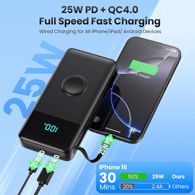Portable Charger 40800mAh for iPhone with Built-in Cable and iWatch Charger, 25W PD Fast Charging USB C Power Bank,Travel Camping Essentials Battery Pack for iPhone 17/16/15/14/13,Android,Apple Watch - Image 3