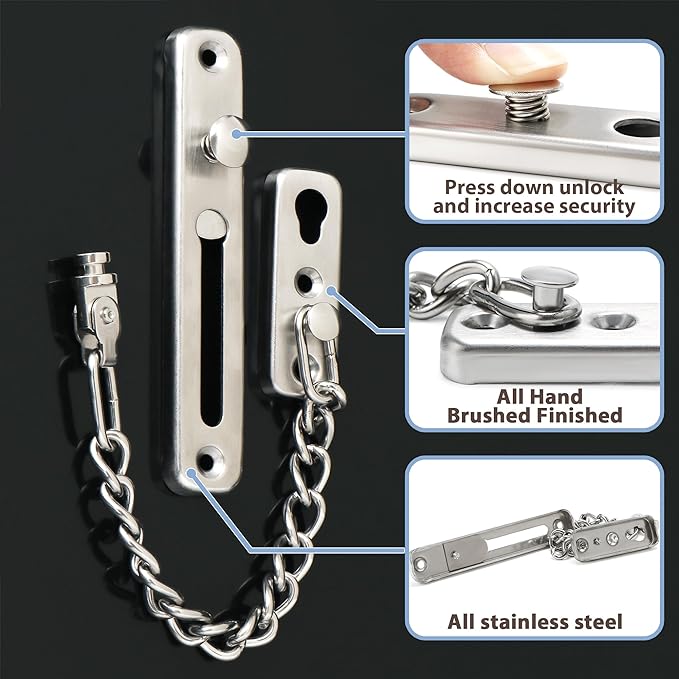 Alise Chain Door Guard Lock，Door Chain Locks with Safety Spring Anti-Theft Press Latch,Chain Locks for Inside Door and Extra Front Door Lock, Brushed Nickel(2 Pack) | Stainless Steel,Door Chain Lock Guard with Spring Anti-Theft Press Button,Door Lock L... - Image 4