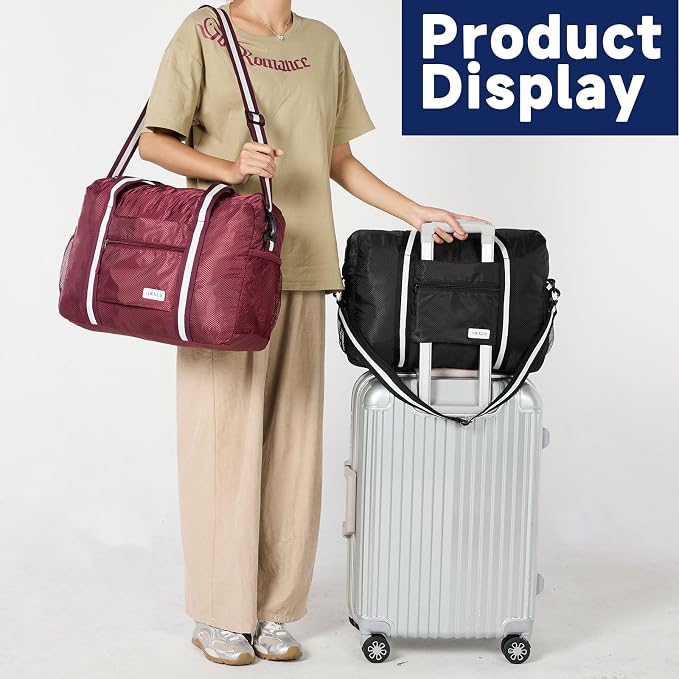 Carry On Travel Bag, Lightweight Foldable Packable Tote Bag 25L | Water Repellent, Expandable Travel Duffle with Luggage Sleeve and Shoulder Strap for Men Women - Image 2