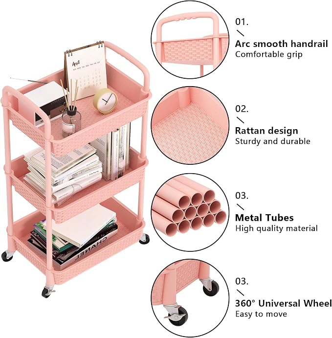 MOYIPIN 3-Tier Plastic Rolling Utility Cart with Handle,Utility,Pink | Utility Storage Cart for Office, Living Room, Kitchen,Movable Storage Organizer，Easy installation，Rattan-like art design - Image 5