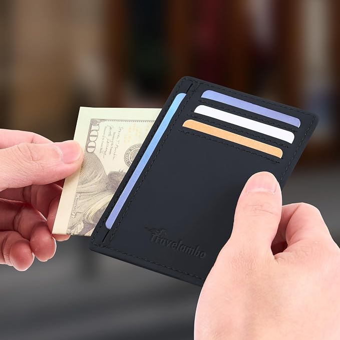 Travelambo Slim Wallet Front Pocket Minimalist Leather RFID Blocking Medium Size(Edge-Finished Black) - Image 3