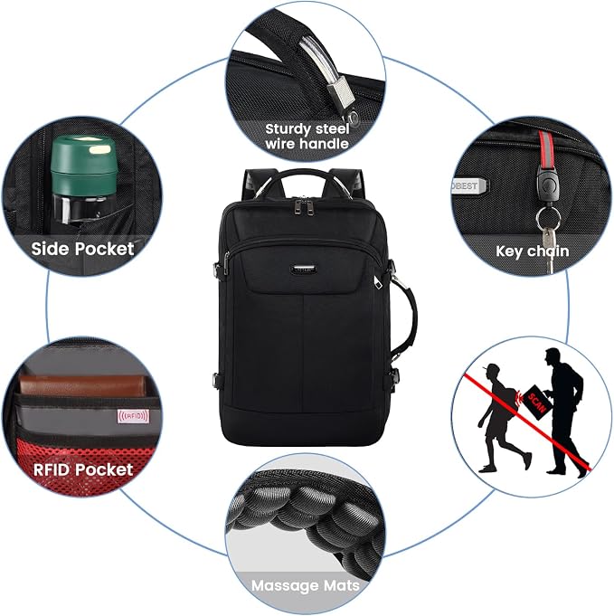 VECKUSON 30L Carry-On Backpack - TSA Approved for Flights, RFID Anti-Theft, Fits 17.3" Laptop, 19.7x13x6in, Heavy-Duty Weekender for Men/Women (Black) - Image 3