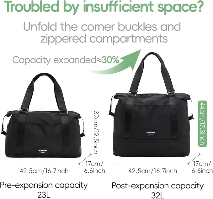 TINYAT Foldable Travel Duffle Bag Expandable Personal Item Travel Bag,32L | Expandable Gym Bag for Women Weekender Carry On Overnight Tote Large Capacity Portable Luggage Bag - Image 3