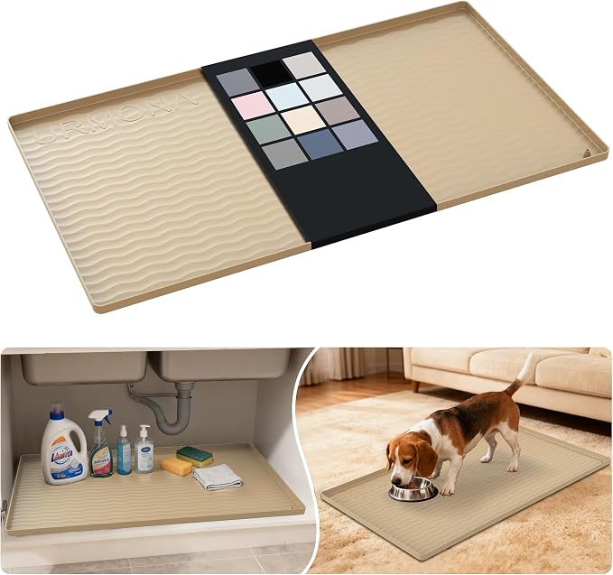 URMONA Waterproof Silicone Under Sink Mat 34'' x 19'' Shelf Liner for Kitchen and Bathroom, Cabinet and Counter Protector, Storage and Organizers, Litter Mat, Pet Cat Puppy Essentials(Khaki) by URMONA