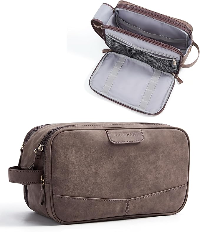 BAGSMART Large Toiletry Bag for Men, PU Leather Water Resistant, Dark Brown | Soft Matte, Travel Bag for Toiletries, Dopp Kit, Shaving Bag for Bathroom Shower by BAGSMART