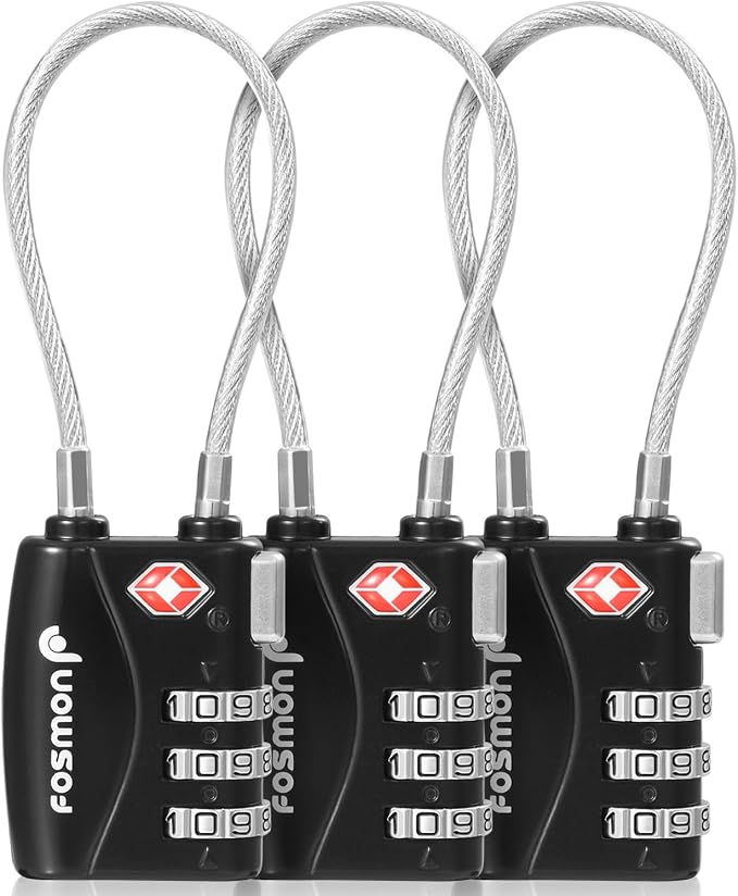 Fosmon TSA Approved Cable Luggage Locks, 3 Digit Combination, 3 Pack Black | Push Release Button, Flexible Wire Padlock for Suitcase Backpack, Gym Locker Anti Theft, Durable Alloy Body, Travel Lock by Fosmon